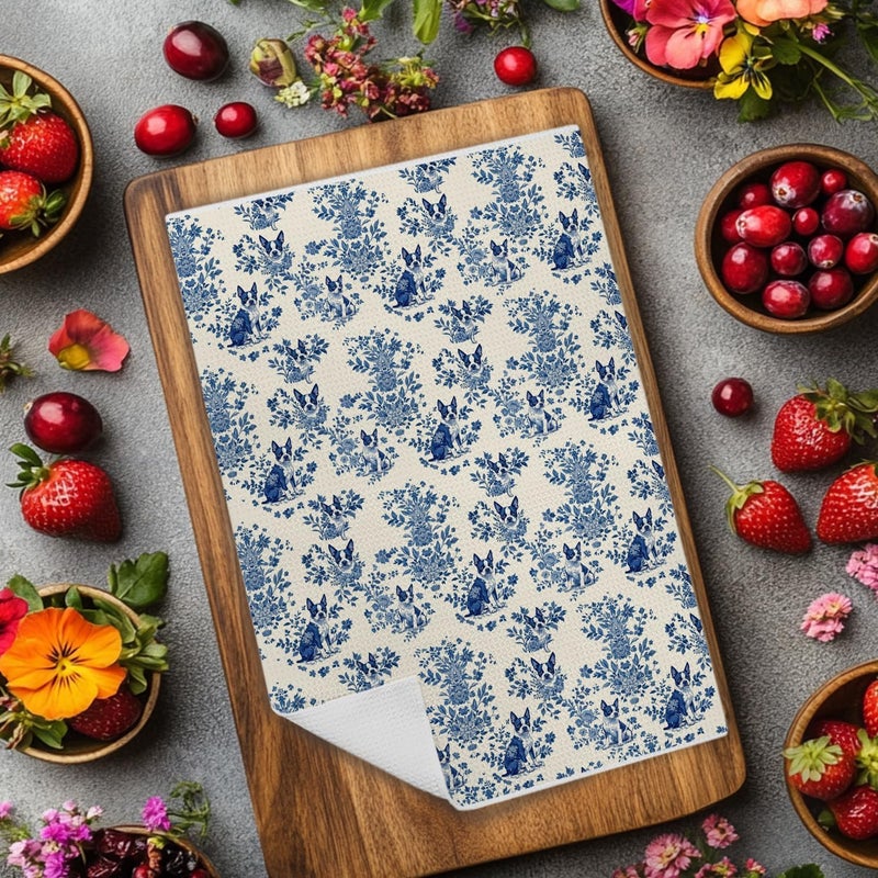 EKGJW Chinoiserie Boston Terrier Dog Kitchen Towels, Boston Terrier Gifts for Women Men Dish Tea Towels for Kitchen, Grandmillennial Toile de Jouy Dog Hand Towels for Bathroom, 16x24 Inch - Image 3